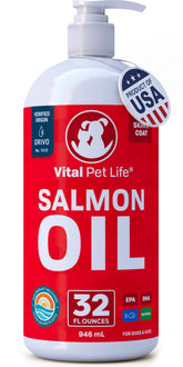 Vital Pet Life salmon oil for dogs promotes a glossy coat and healthy skin.