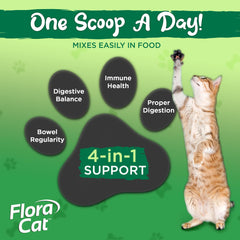 Vital Planet Flora Cat probiotic tub on kitchen counter with label close-up for ingredient transparency.