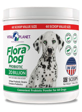 Vital Planet Flora Dog powder pour demonstrates easy daily probiotic topping for meals.