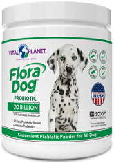 Vital Planet Flora Dog probiotic powder bottle promoting digestive balance.