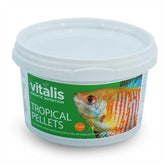 Vitalis Tropical Freshwater Pellets packaging highlighting premium ingredients for color and health.