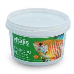 Vitalis Tropical Freshwater Pellets packaging highlighting premium ingredients for color and health.