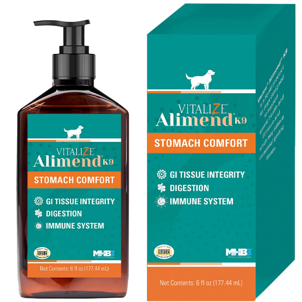 Vitalize Alimend K9 bottle front view shows 6 oz size for digestive support.