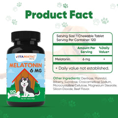 Vitamatic Melatonin for Dogs 120-pack image emphasizes convenient travel-friendly calm.
