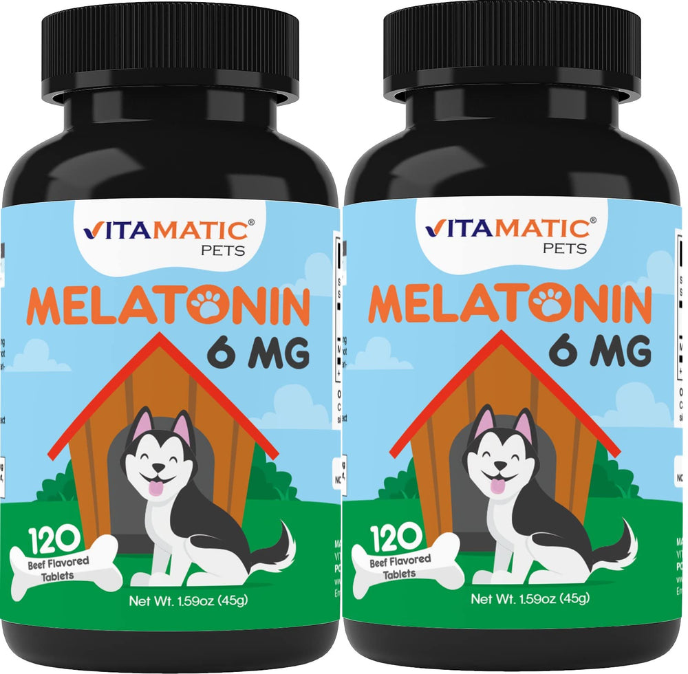 Vitamatic Melatonin for Dogs beef chew bottle promotes calming moments