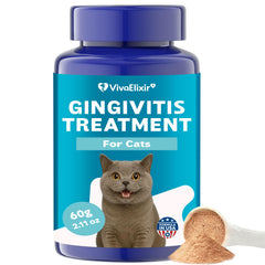 VivaElixir cat dental care powder tub—gentle gingivitis support for healthy gums.