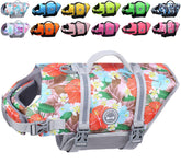 VIVAGLORY Rip Stop Dog Life Vest floral orange front view ensures buoyancy and visibility.