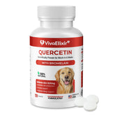 VivaElixir dog quercetin-bromelain tablets bottle front emphasizes vet-formulated skin support.