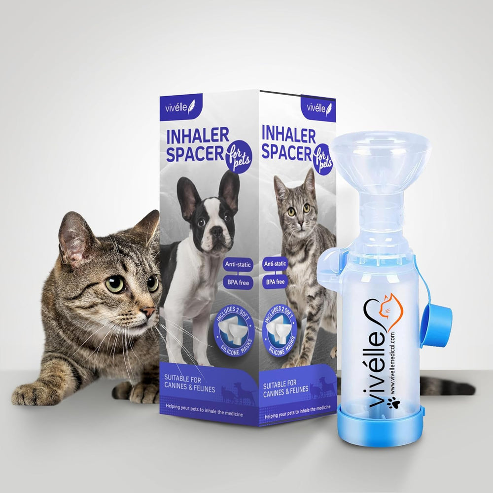Vivelle handheld inhaler spacer with cat mask supports precise medication delivery for felines.