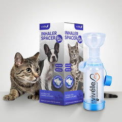 Vivelle handheld inhaler spacer with cat mask supports precise medication delivery for felines.