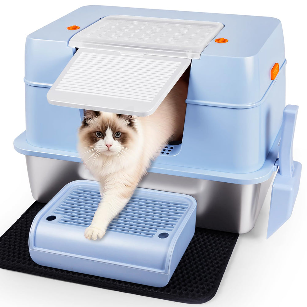 Vivifying blue side-entry litter box reduces mess with high sides.