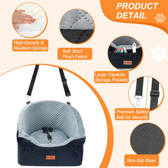 Vivifying dog car seat installed on a car seat shows front-seat setup with safety belt attachment.