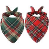 Vivifying dog Christmas bandana red plaid close-up, showcasing soft cotton texture for festive photos.