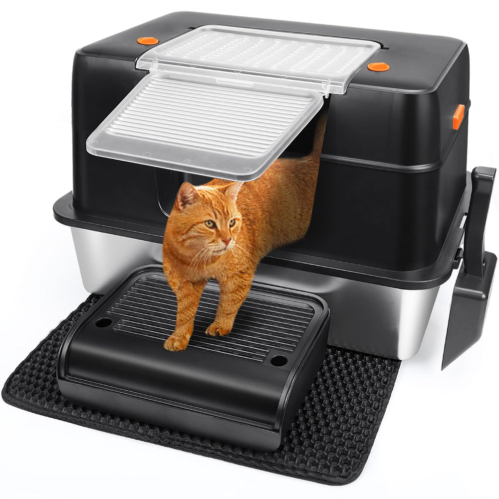 Vivifying XL side-entry stainless steel litter box in black reduces litter scatter.
