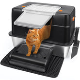 Vivifying XL side-entry stainless steel litter box in black reduces litter scatter.
