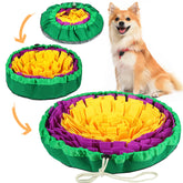 Vivifying snuffle mat setup shows yellow purple design for engaging slow feeding