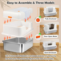 Vivifying side-entry litter box shows three modes for privacy, airflow, and easy cleaning.