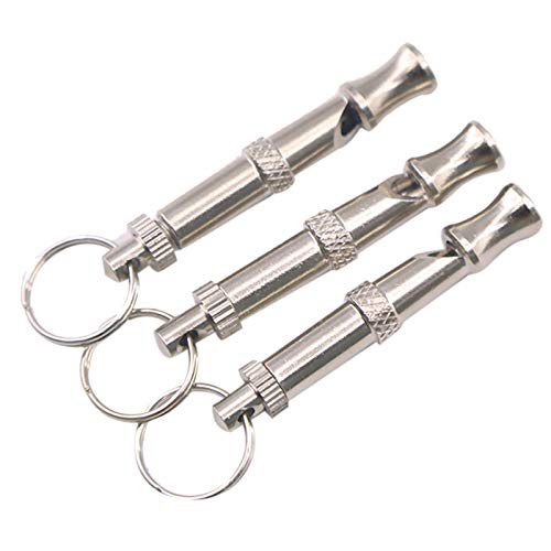 VizGiz dog whistle pack showing three chrome training whistles for recall and bark control
