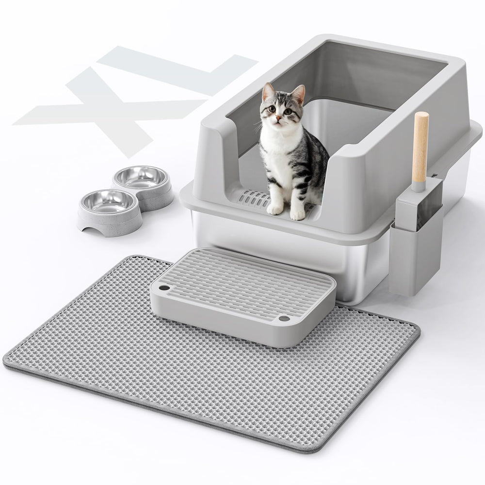 VNAKIO stainless steel cat litter box side view showing high sides for splash containment.