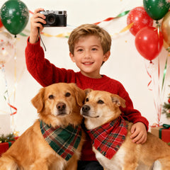 VOGUSON red plaid bandana close-up highlights double-layer durability.