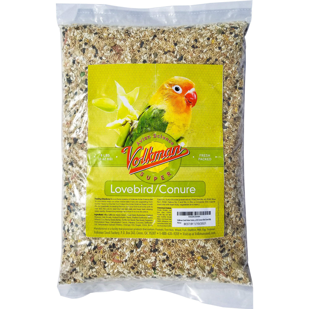 Volkman Seed Avian Science Lovebird & Conure bird seed bag highlights balanced daily nutrition for small birds.