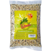 Volkman Seed Avian Science Lovebird & Conure bird seed bag highlights balanced daily nutrition for small birds.