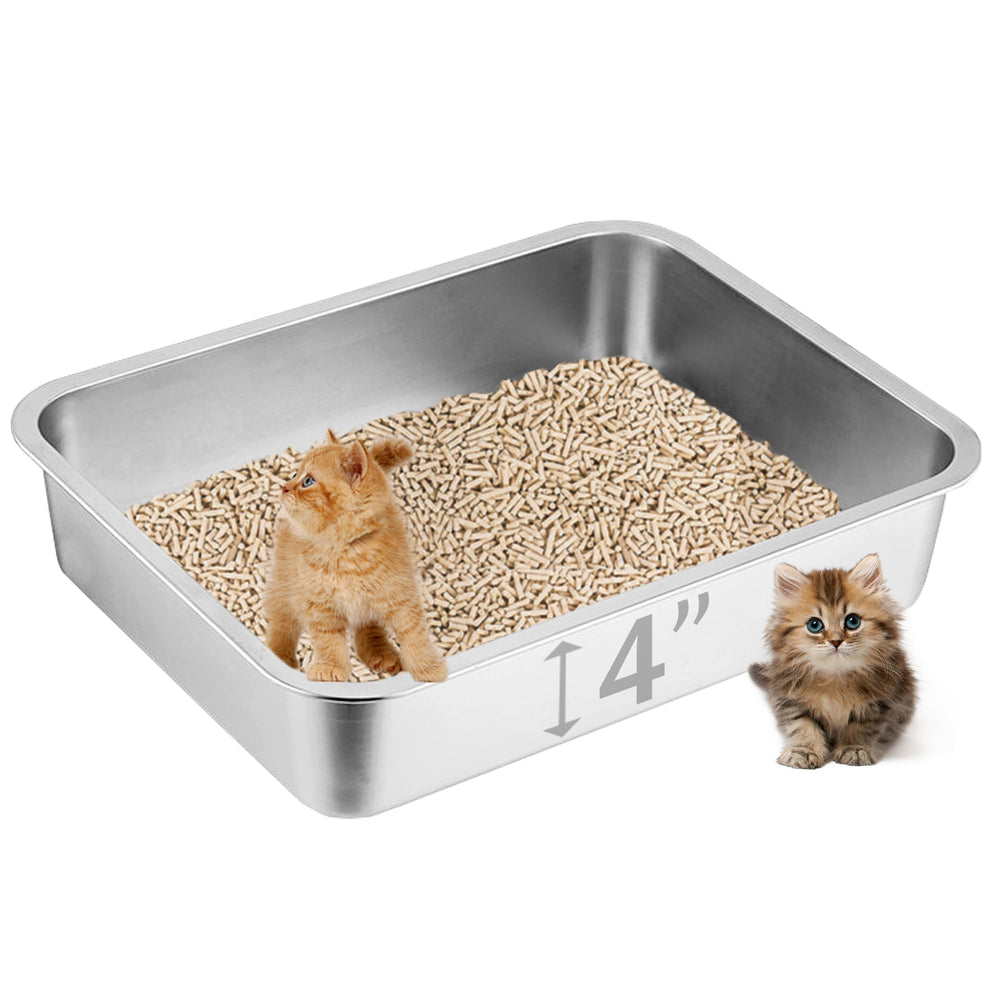 Volope stainless-steel cat litter box front view shows kitten-friendly size and durability.