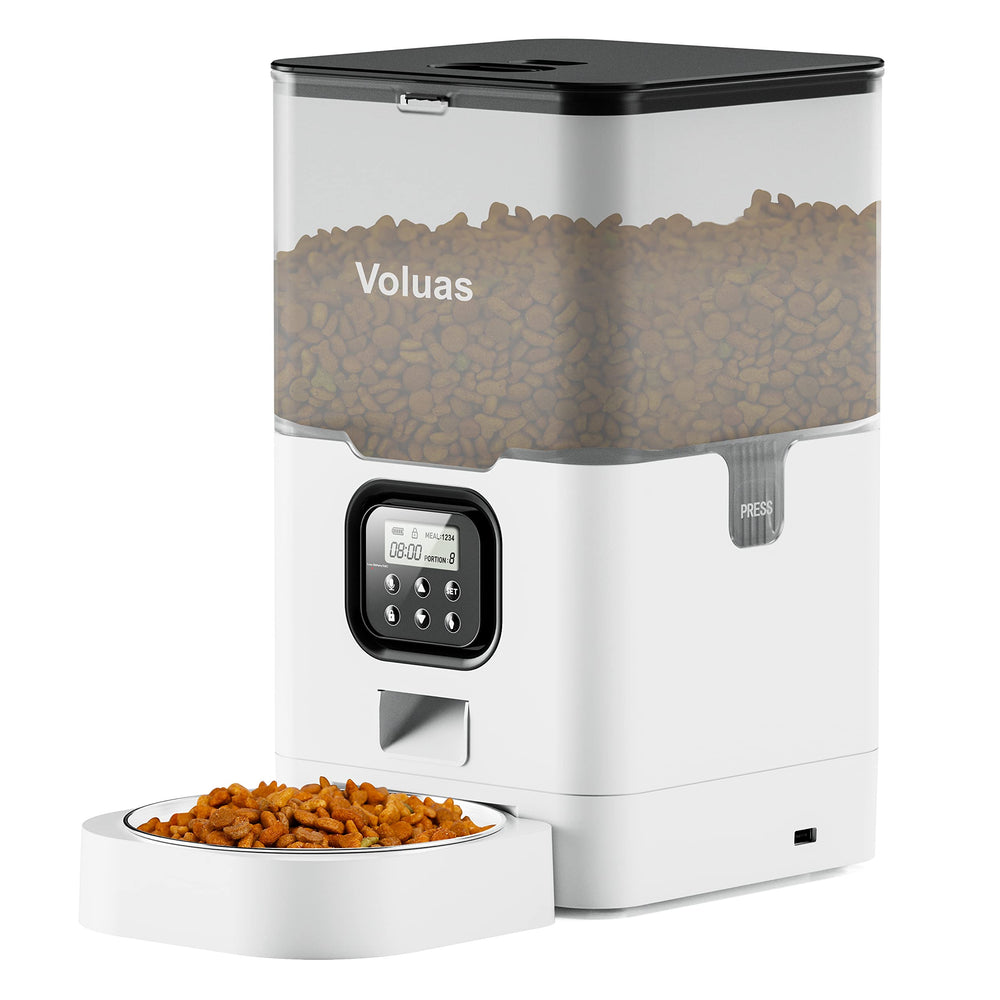Voluas automatic cat feeder front view showcases programmable portions for scheduled meals.