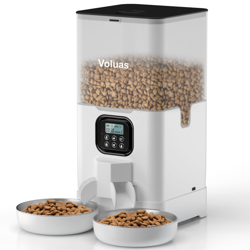Voluas automatic cat feeder with two bowls side view for consistent meals.