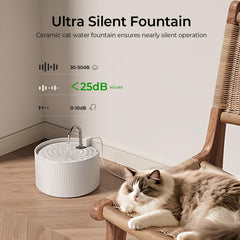 Voluas ceramic cat water fountain top view highlights compact footprint for indoor setups.