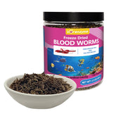 Vorenzyme Freeze Dried Blood Worms bottle showing protein-rich nutrition for vibrant tropical fish