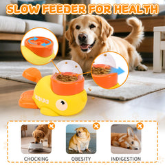 VOXGET interactive treat dispenser top view highlights slow feeding for healthier digestion.
