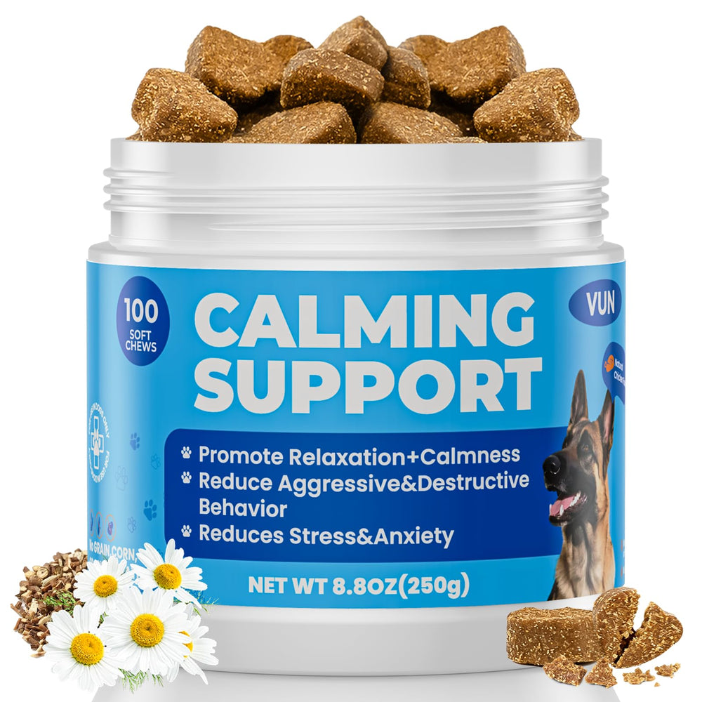VUN Calming Chews packaging highlights anxiety support for dogs.