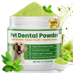 VUN Dog Dental Powder tub close-up showing label