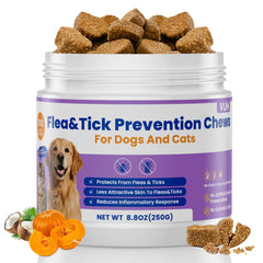 VUN Dog Flea Tick Chews packaging shows natural pest protection.