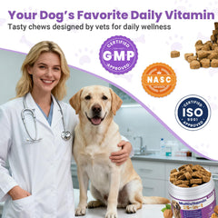 VUN dog multivitamin bottle label conveys NASC-certified safety.