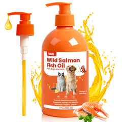 VUN Salmon Fish Oil bottle with pump for easy daily dosing in dogs and cats.