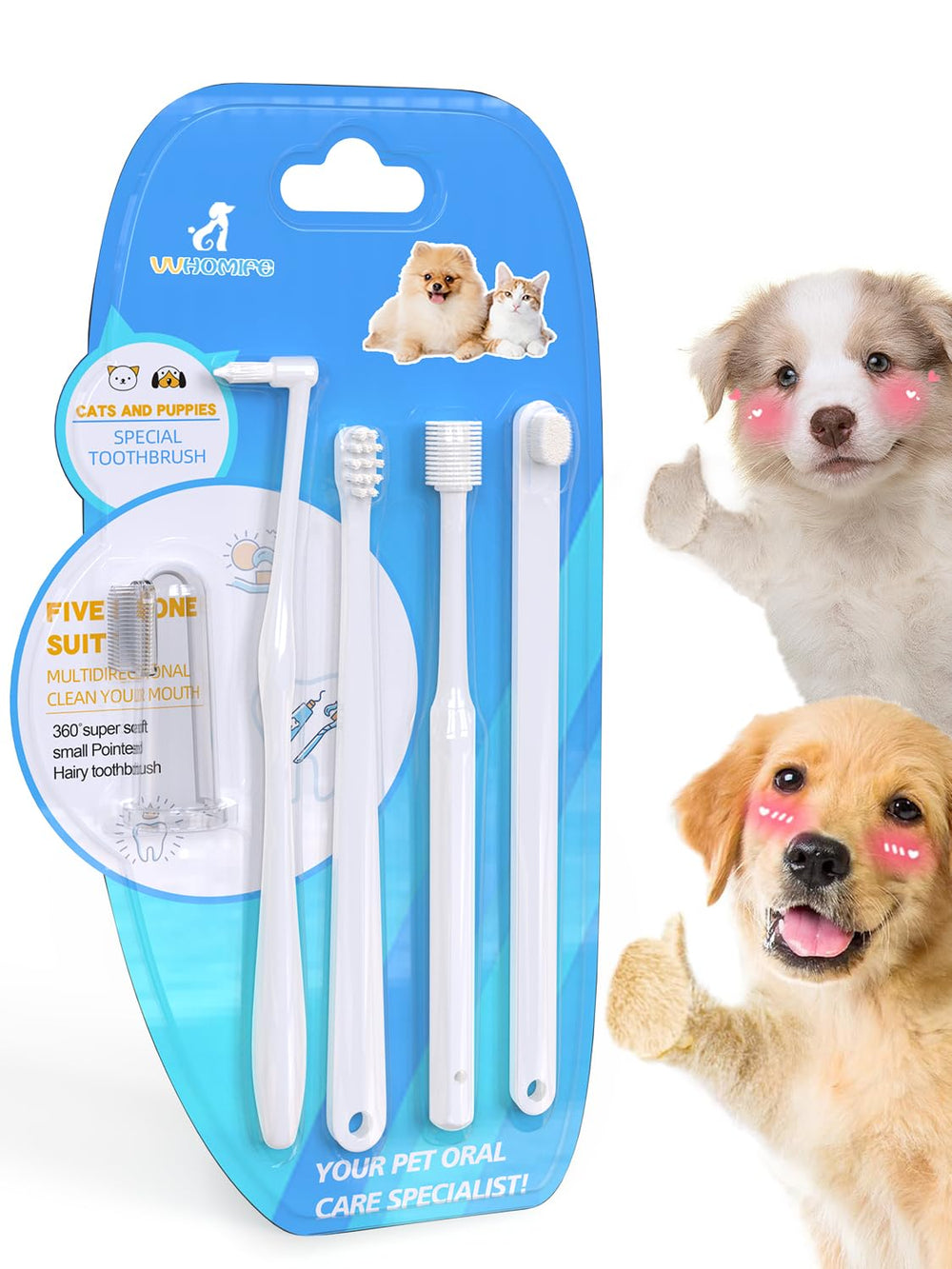 VVHOMIFE Small Dog Toothbrush Kit packaging showcases a complete oral care kit for easier brushing.