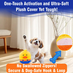 VYsTN self-moving dog toy 5-inch view highlights safe indoor chasing for small and medium dogs.