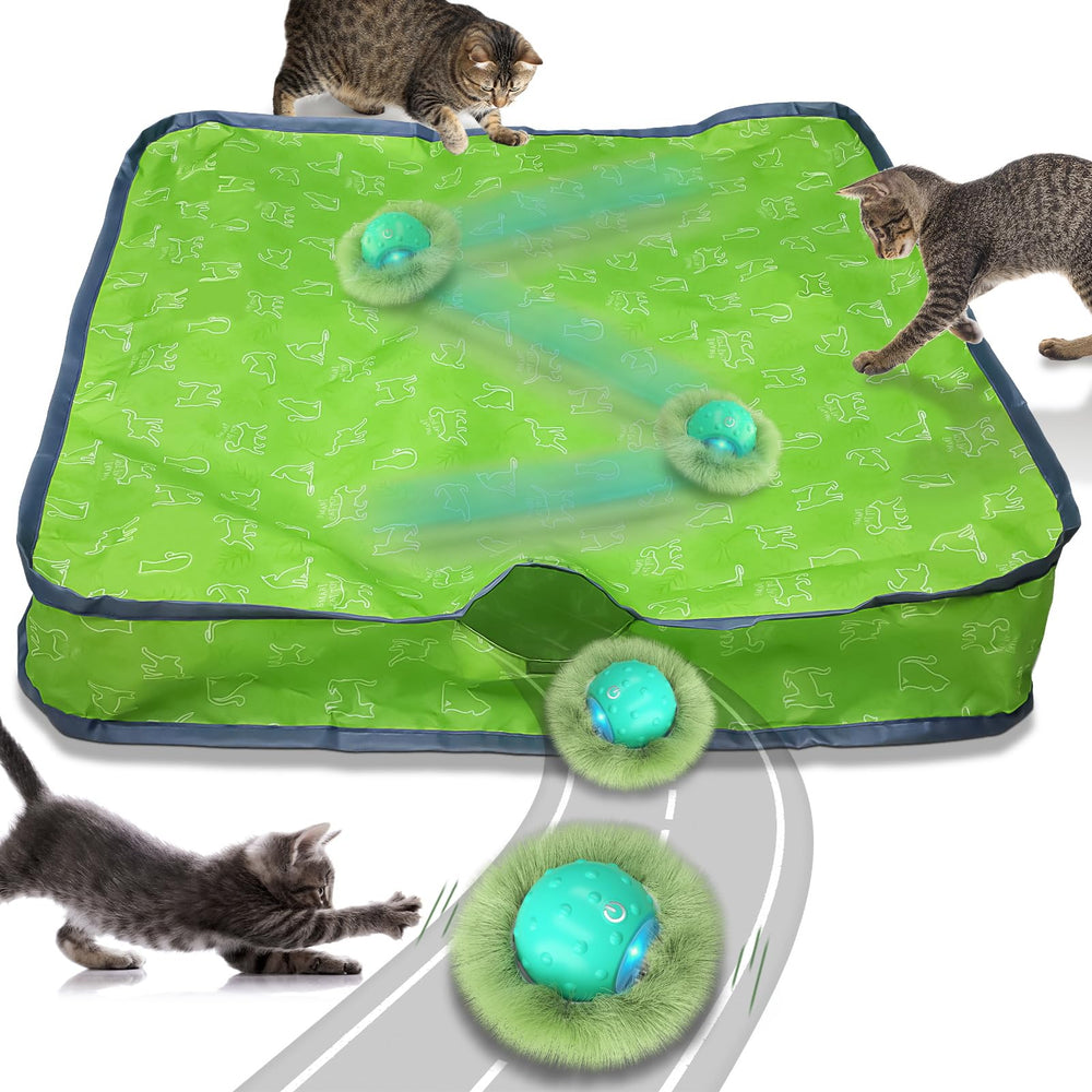 Waaiio interactive cat toy ball in pouch showing hidden-chase action for indoor cats