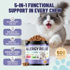 Wagmee Cat Allergy Relief Chews lid-closeup shows chicken-krill flavor for picky cats