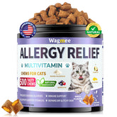 Wagmee Cat Allergy Relief Chews packaging highlights 500-count tin and seasonal support
