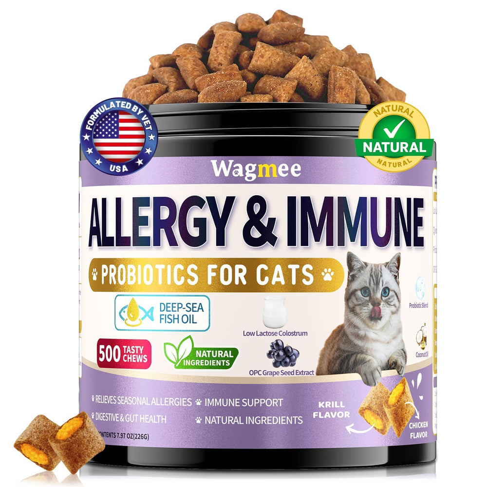 Wagmee Cat Allergy Relief packaging image highlights easy daily dosing for busy households.