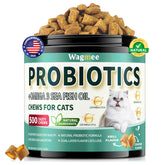 Wagmee Cat Probiotics Tasty Chews packaging shows convenient daily gut support.