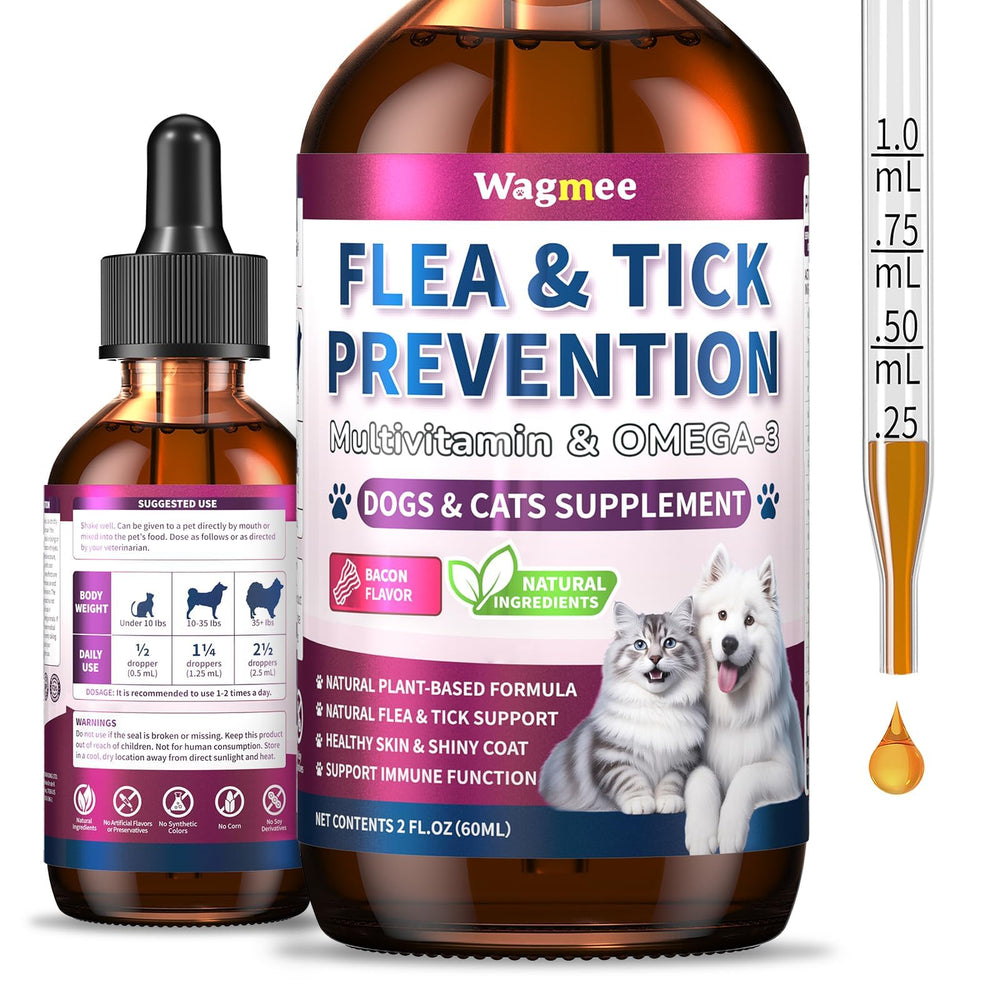 Wagmee flea & tick drops bottle prepared for daily pet care.