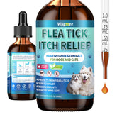 Wagmee flea-tick drops bottle closeup for healthy skin support.