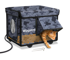 Wagstro heated cat house outdoor black camo—easy assembly for quick winter warmth