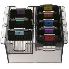 Wahl color-coded guide combs provide eight sizes for precise coat trims.