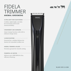 Wahl Pro Animal Fidela Trimmer side view showcasing lightweight cordless design.