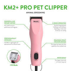 Wahl Pro Animal KM2+ clipper side view shows calm grooming thanks to low vibration.